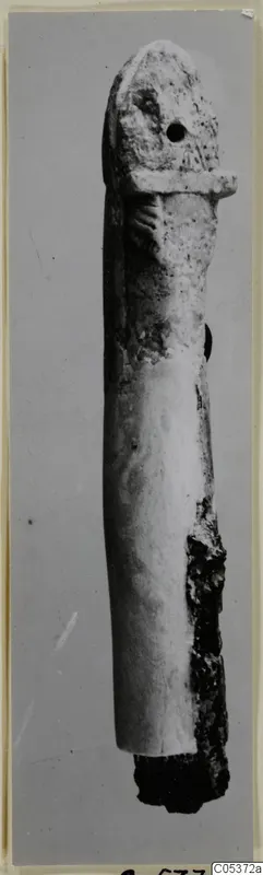 Long bone object from Amathus with a small hole near its rounded top, photographed upright