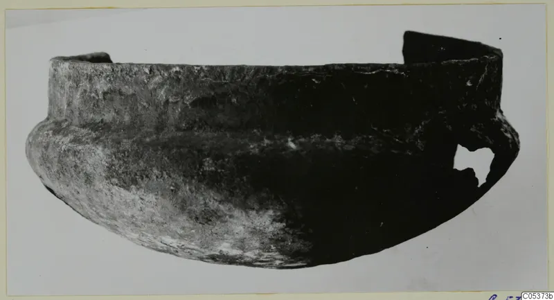 Bowl fragment with a broken rim and a gap in its lower right side, shown upright on a pale background.