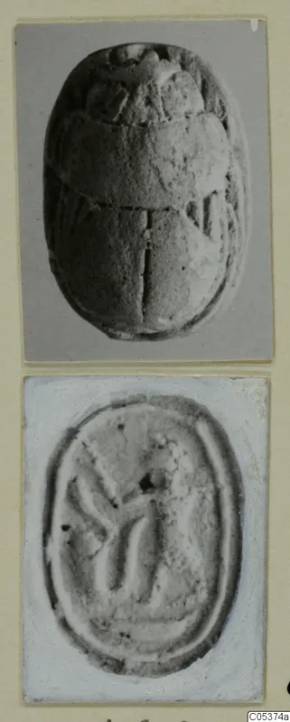 Two photographs of a beetle-shaped seal from Amathus, showing its domed back and its engraved flat base