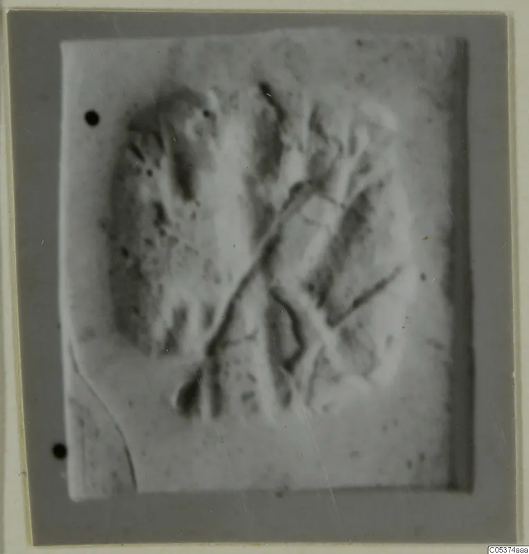 Seal from Amathus showing a raised pattern of crossing diagonal lines, curved strokes and small dots.