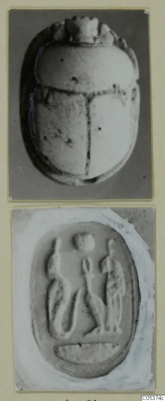 Two photographs mounted on a card: a beetle-shaped seal seen from above and the engraved face of an oval seal, from Amathus