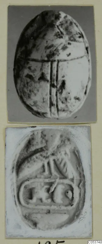 Two views of a small oval seal-like object from Amathus: the back with incised lines and the base with incised signs