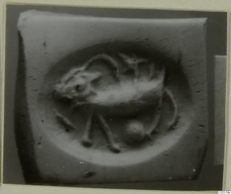 Close-up of a seal or gem with a raised animal figure within an oval field