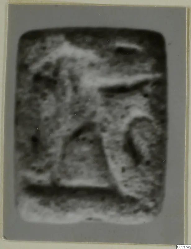 Blurred photograph of a small stone seal with a carved figure in relief