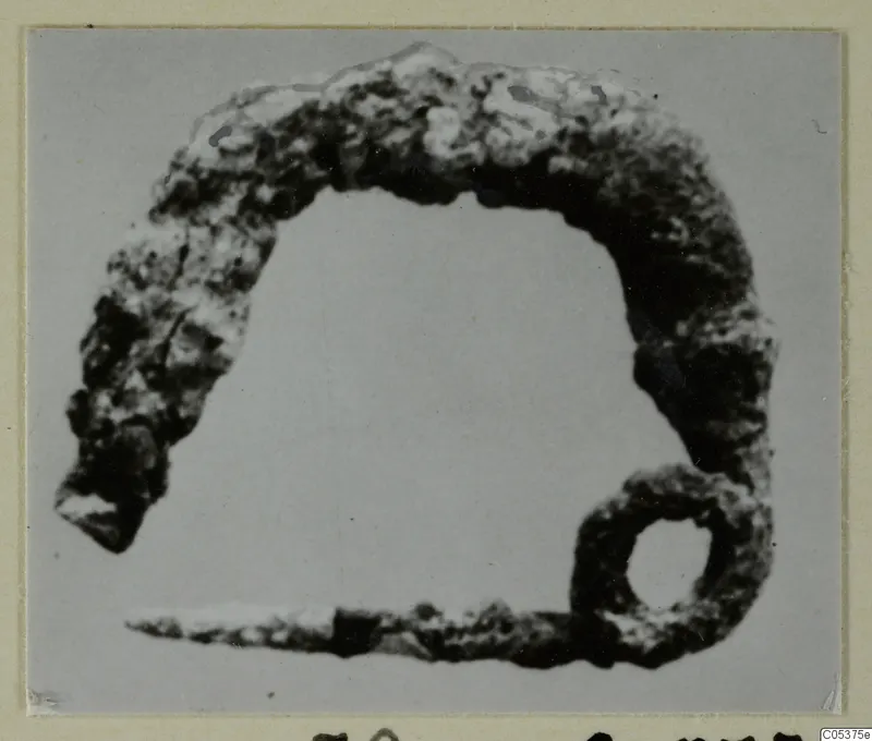 Corroded bronze arched object with a small ring at one end, photographed alone, from Amathus