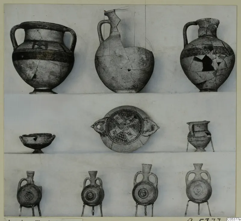 Pottery vessels from Amathus, Tomb 6, arranged in three rows