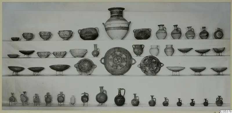 Pottery from Amathus Tomb 7: jugs, bowls and dishes set out in rows on shelves