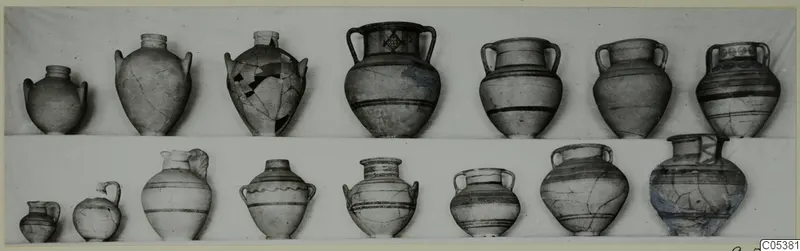 Two rows of pottery jugs and jars from Amathus Tomb 7, third burial