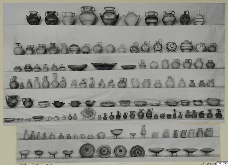 Pottery vessels from Amathus, Tomb 9, arranged in rows on a pale backdrop.