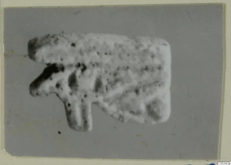 Small pale object from Amathus tombs 2-26, shown on a grey card mount with a dark mark on one end.