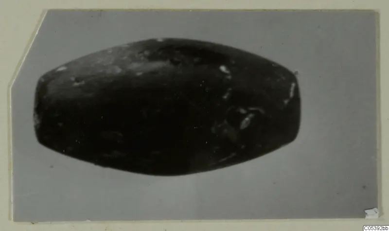 Dark elongated object from Amathus, photographed on a grey backdrop