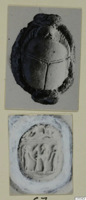 Scarab seal and an engraved seal face with standing figures, shown as two photographs on a card
