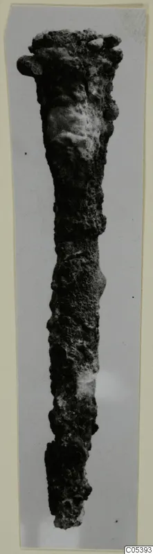 Long, heavily corroded iron tool photographed upright against a plain grey background