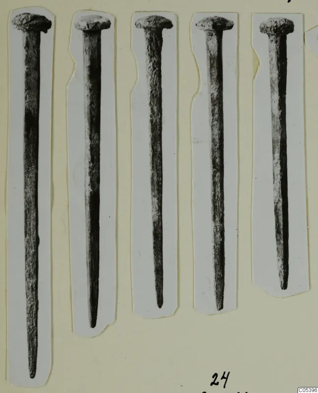 Five iron nails with round heads, each mounted on a separate paper strip, from Marion.