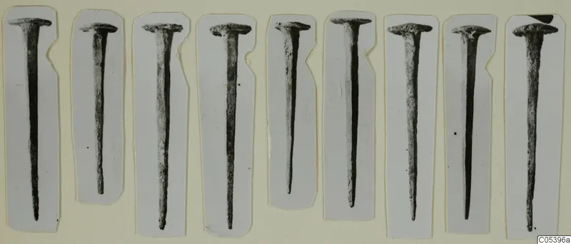 Row of corroded metal nails from Marion, each mounted on a white card strip.