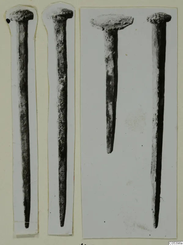 Four iron nails with domed heads, shown in pairs on mounted photographic strips.