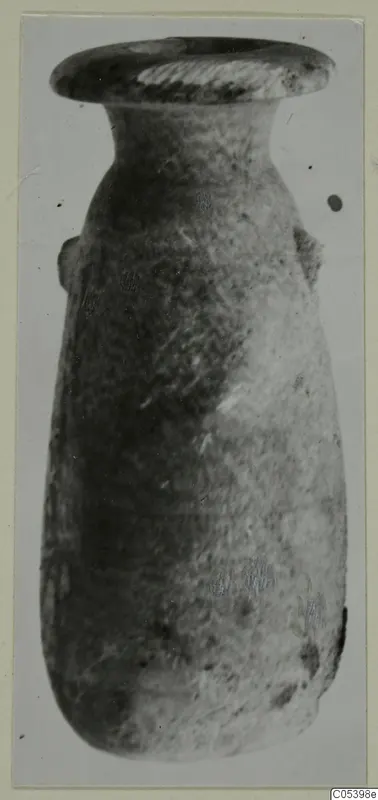 Tall narrow vessel with a flared rim and small handle lugs, photographed against a plain backdrop.