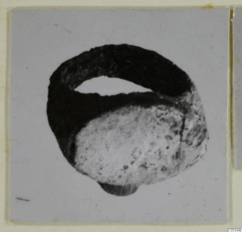 Silver ring with a dark, tarnished band and a pale rounded element, photographed on a grey card mount