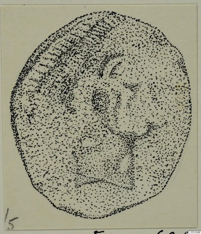 Stippled drawing of an oval plaque with a face in relief, from Marion, Tomb 38