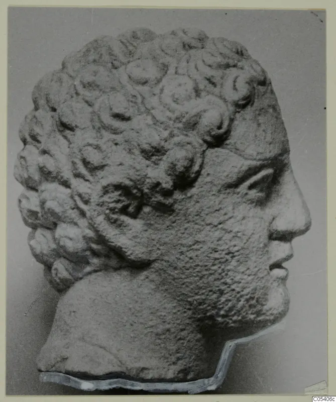 Limestone head of a figure with short curled hair from Mersinaki, shown in right profile.