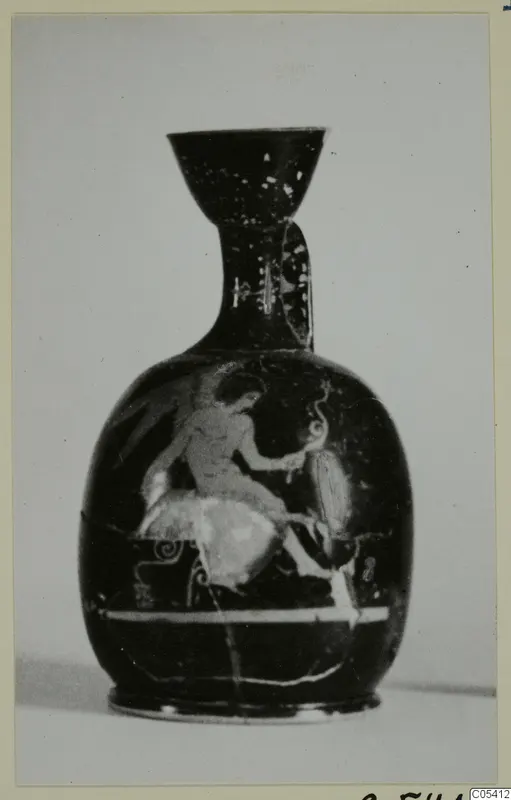 Red-figured lekythos, a small oil flask with a painted figure on its body