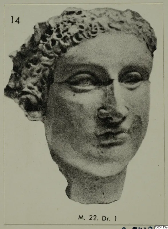 Head sculpture with tight curls and broken neck, shown as a mounted photograph