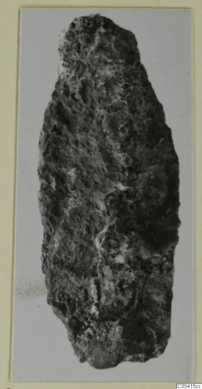 Corroded iron fragment, probably a weapon, from the Amathus tomb finds, shown as a photograph on a card mount