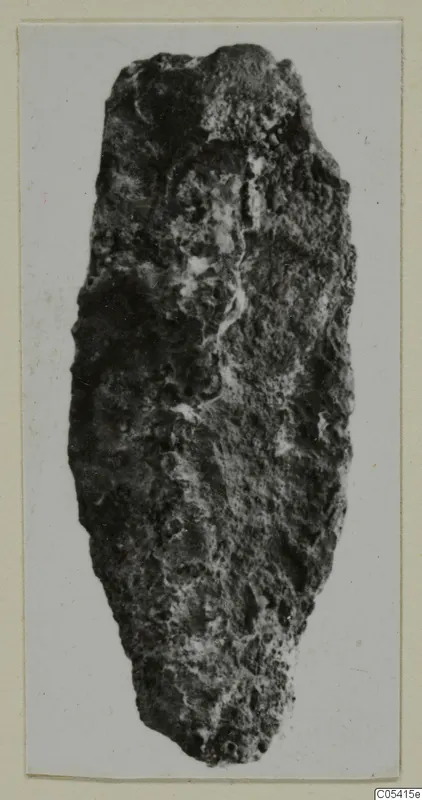 Heavily corroded, elongated find from Amathus, broad at the top and tapering to a rounded end.
