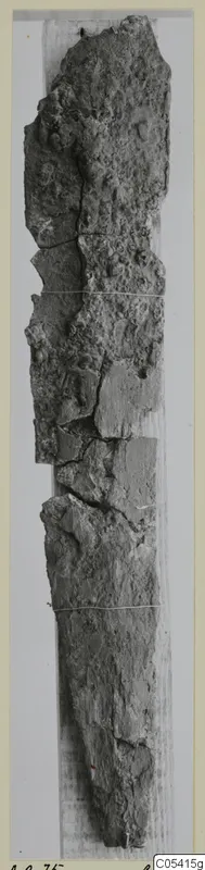 Corroded iron sword from Amathus tombs 1–9, shown as a long, encrusted fragment on a pale backing.