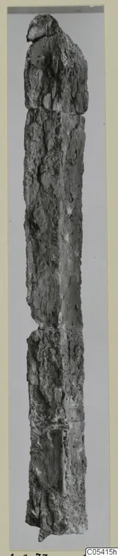 Iron weapon fragment from Amathus, long and narrow, heavily corroded, shown upright against a grey background