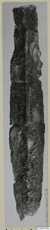 Corroded iron dagger from Amathus, shown upright against a grey background.