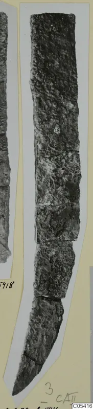 Long, heavily corroded iron blade in several broken sections, with a pointed lower end, from Amathus.