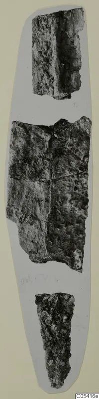 Three corroded iron weapon fragments laid in a line on a grey card, from Amathus.