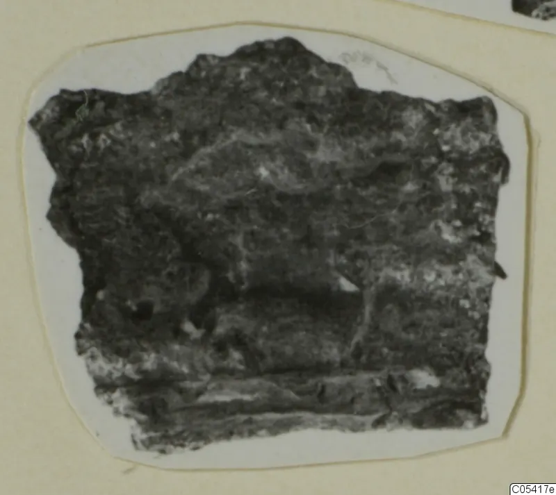 Dark, irregular fragment of an unidentified object from Amathus, photographed on a white card mount.
