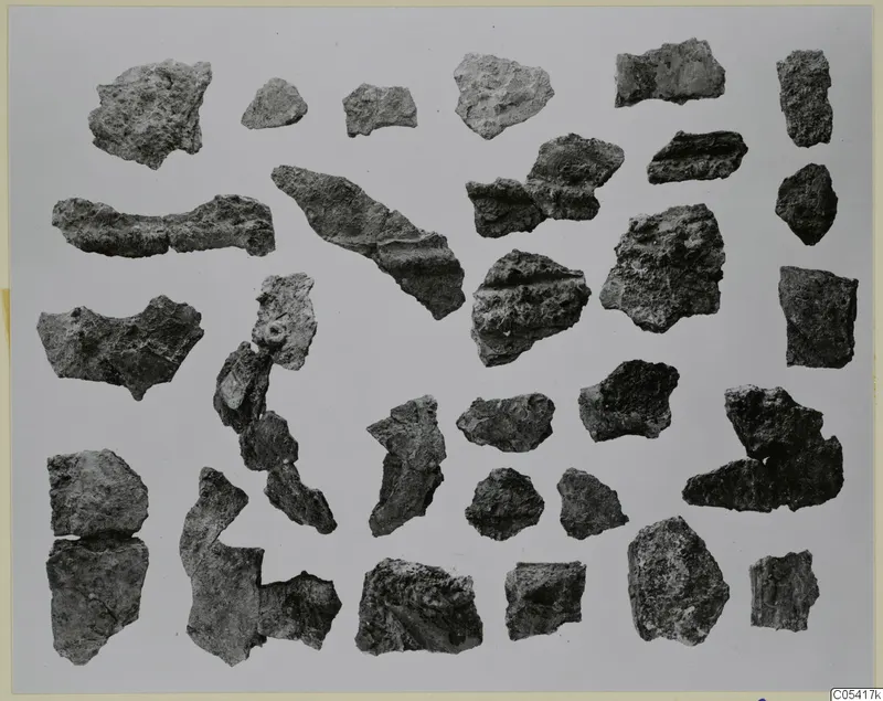 Corroded iron weapon fragments from Amathus tombs 1–9, laid out in rows on a pale background.