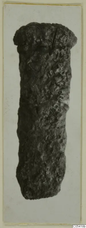 Corroded iron object, roughly cylindrical with a flared top end, photographed upright against a pale card.