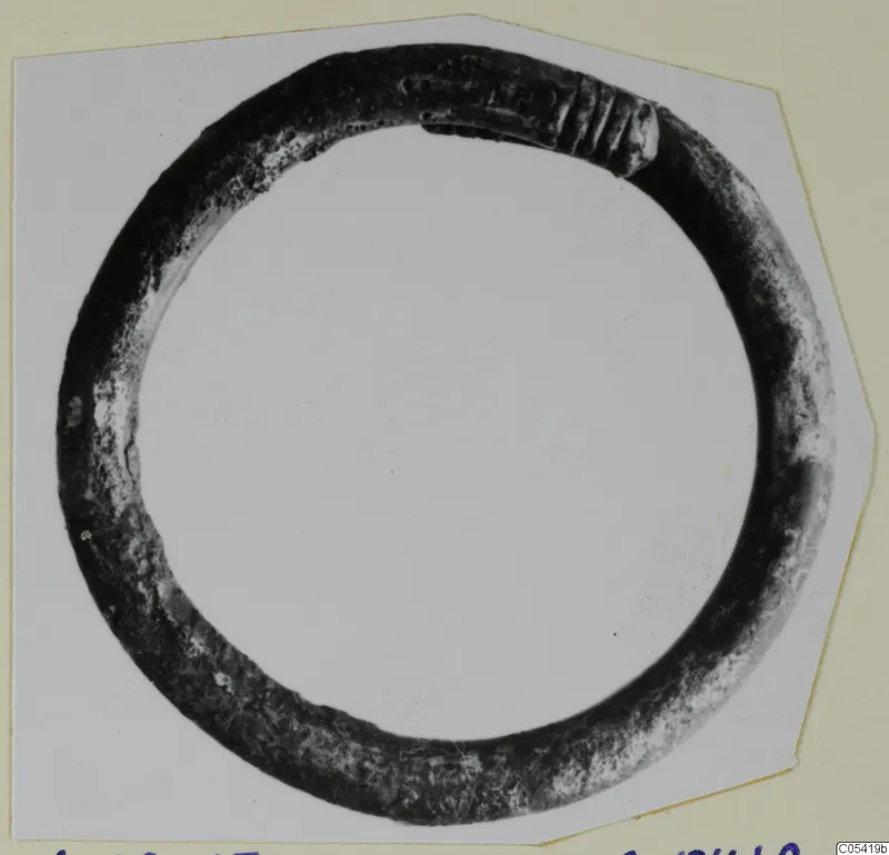 Bronze ring from Marion, a dark corroded hoop with ribbed decoration at one end.