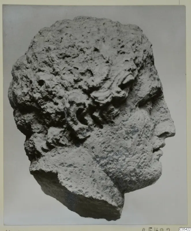Limestone head of a figure facing right, with curled locks of hair, from Mersinaki