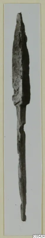 Corroded metal blade with a pointed tip and long narrow tang, from Marion