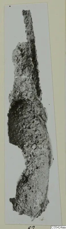 Heavily corroded iron tool from Marion, long and narrow with a thin tapering end