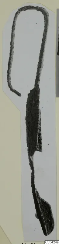 Strigil of bronze from Marion Tomb 52, shown upright on a pale card mount
