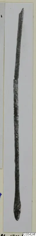 Bronze pin from Marion, long and thin, tapering to a point at the upper end