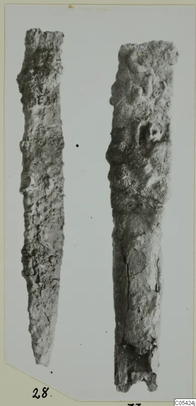 Two corroded iron tools, long and narrow, shown side by side on a pale mount.