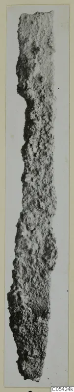 Corroded iron tool from Marion, shown upright as a long narrow blade on a card mount.
