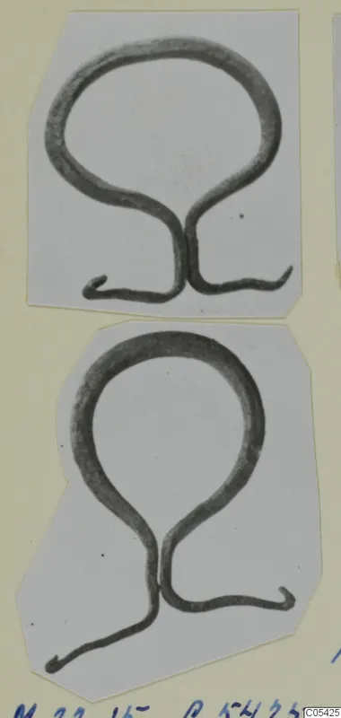 Two bronze loop-shaped mountings with curled ends, from Marion