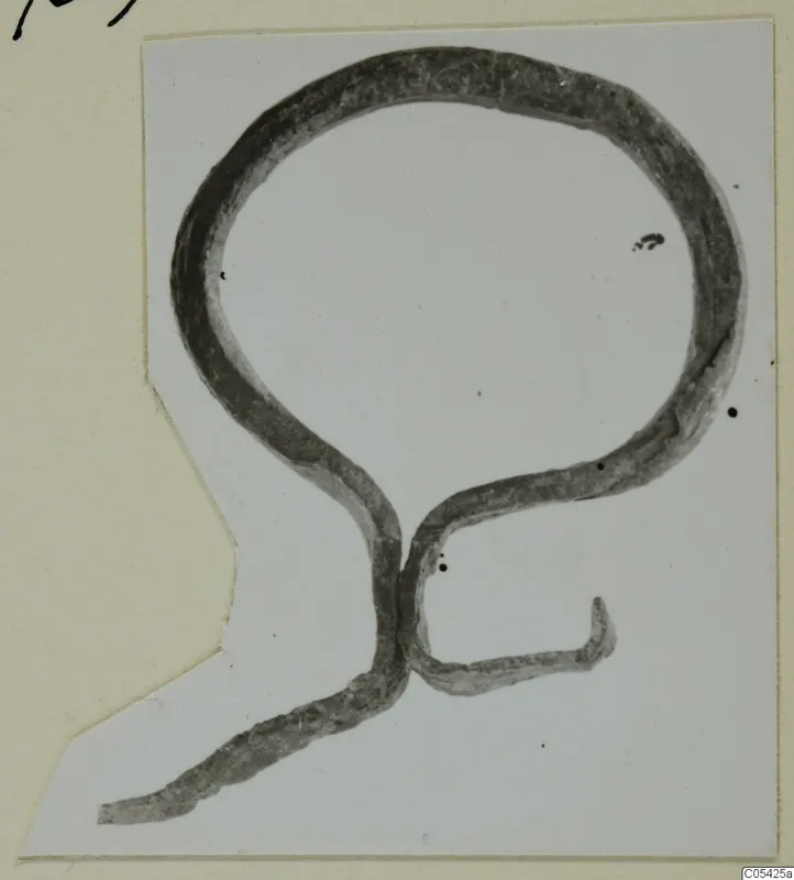 Bronze wire fragment forming a loop with a hooked end, photographed on a cut-out card mount