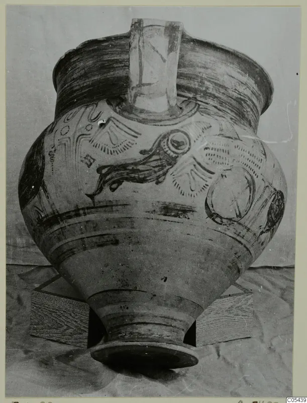 Painted amphora-crater from Enkomi with curving dark motifs on the shoulder and banded lower body