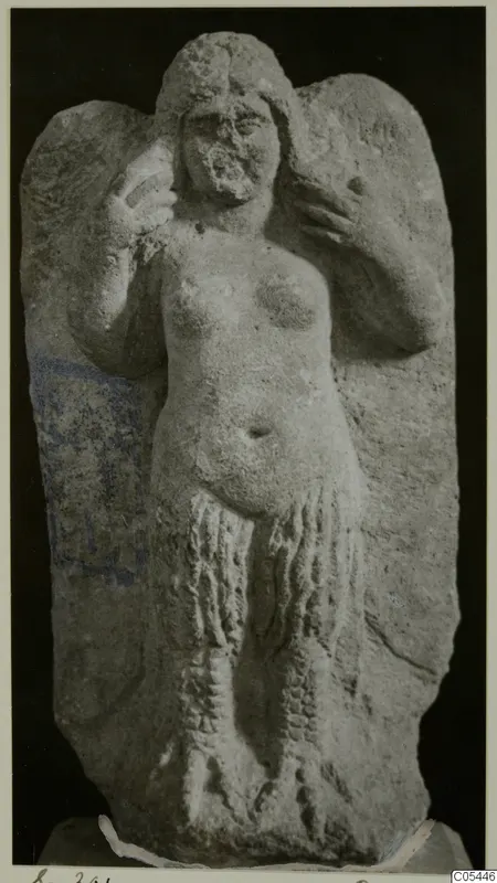 Stone statue of a standing female figure from Soli, arms raised to the head, shown against a dark background.