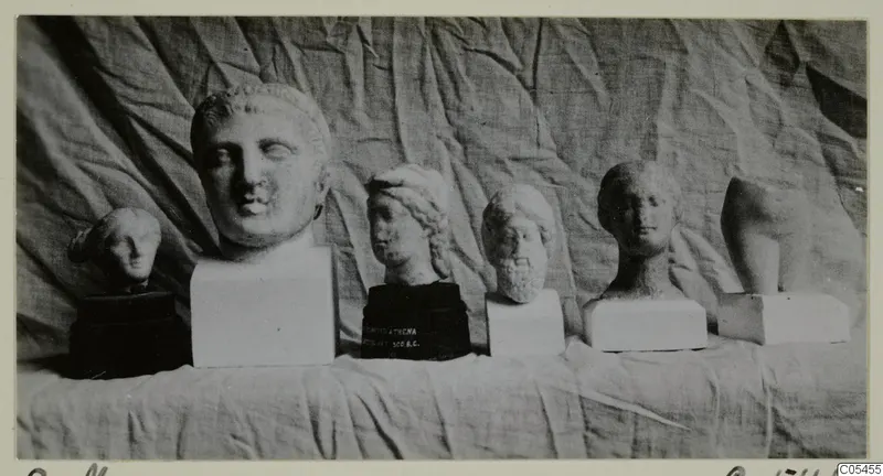 Six sculpted heads and busts of different sizes, set in a row on draped cloth against a fabric backdrop.