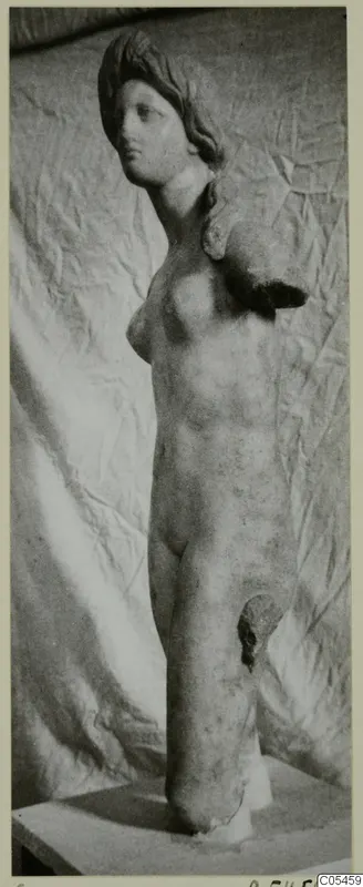 Marble sculpture of a standing female nude figure with one arm broken off, photographed against a draped cloth